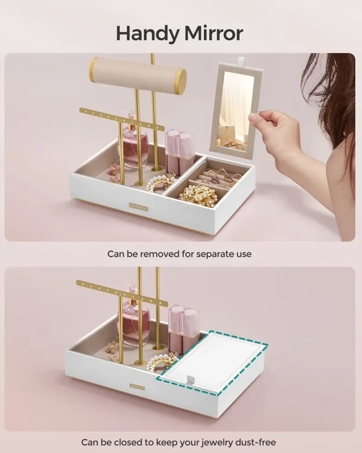 Jewelry Holder with Built-In Mirror for Necklace, Ring, and Earring Organization