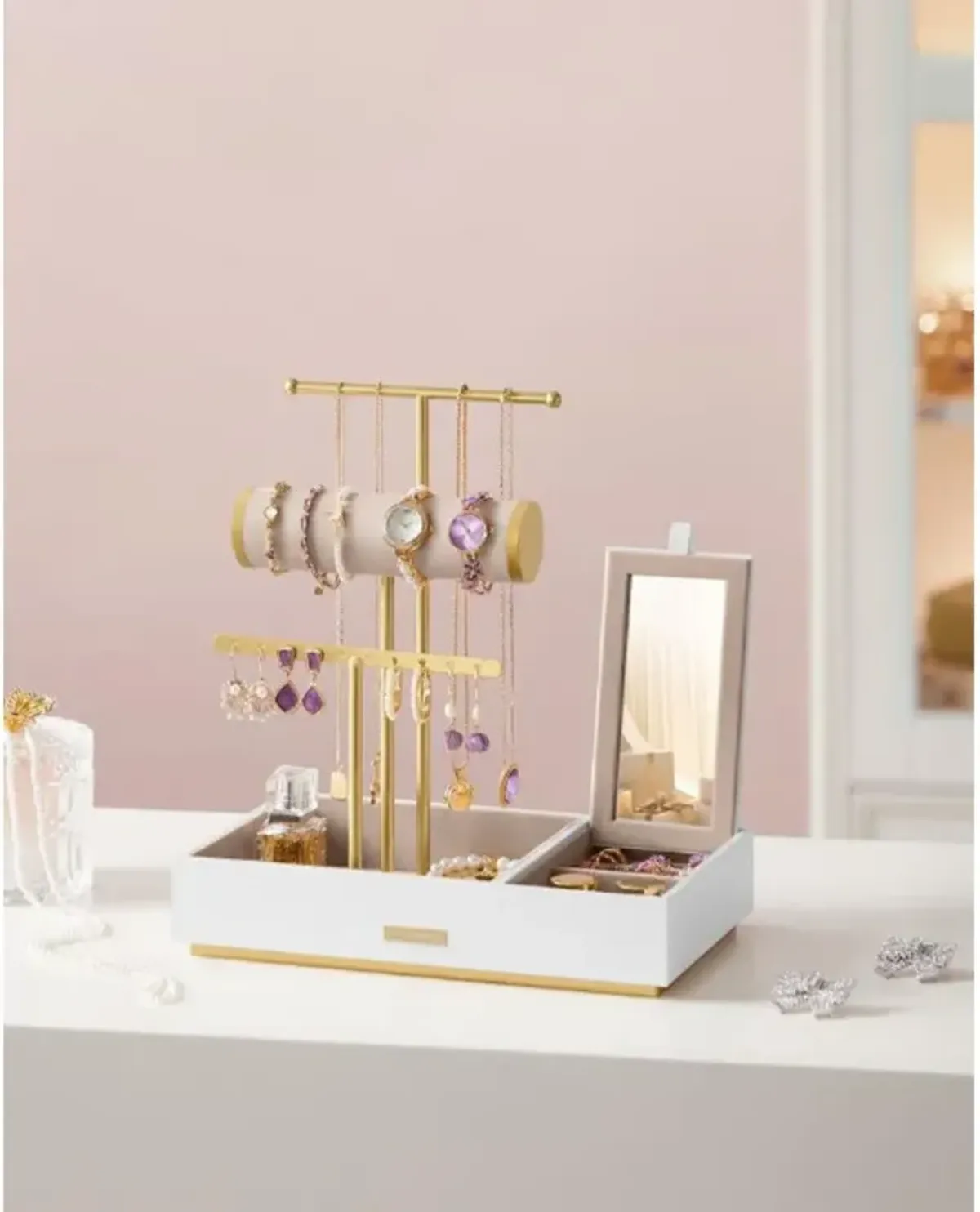 Jewelry Holder with Built-In Mirror for Necklace, Ring, and Earring Organization