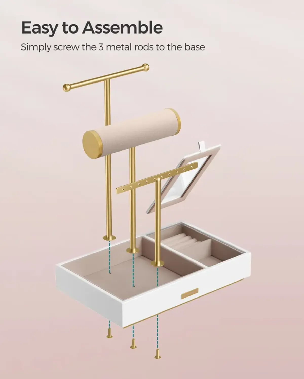 Jewelry Holder with Built-In Mirror for Necklace, Ring, and Earring Organization