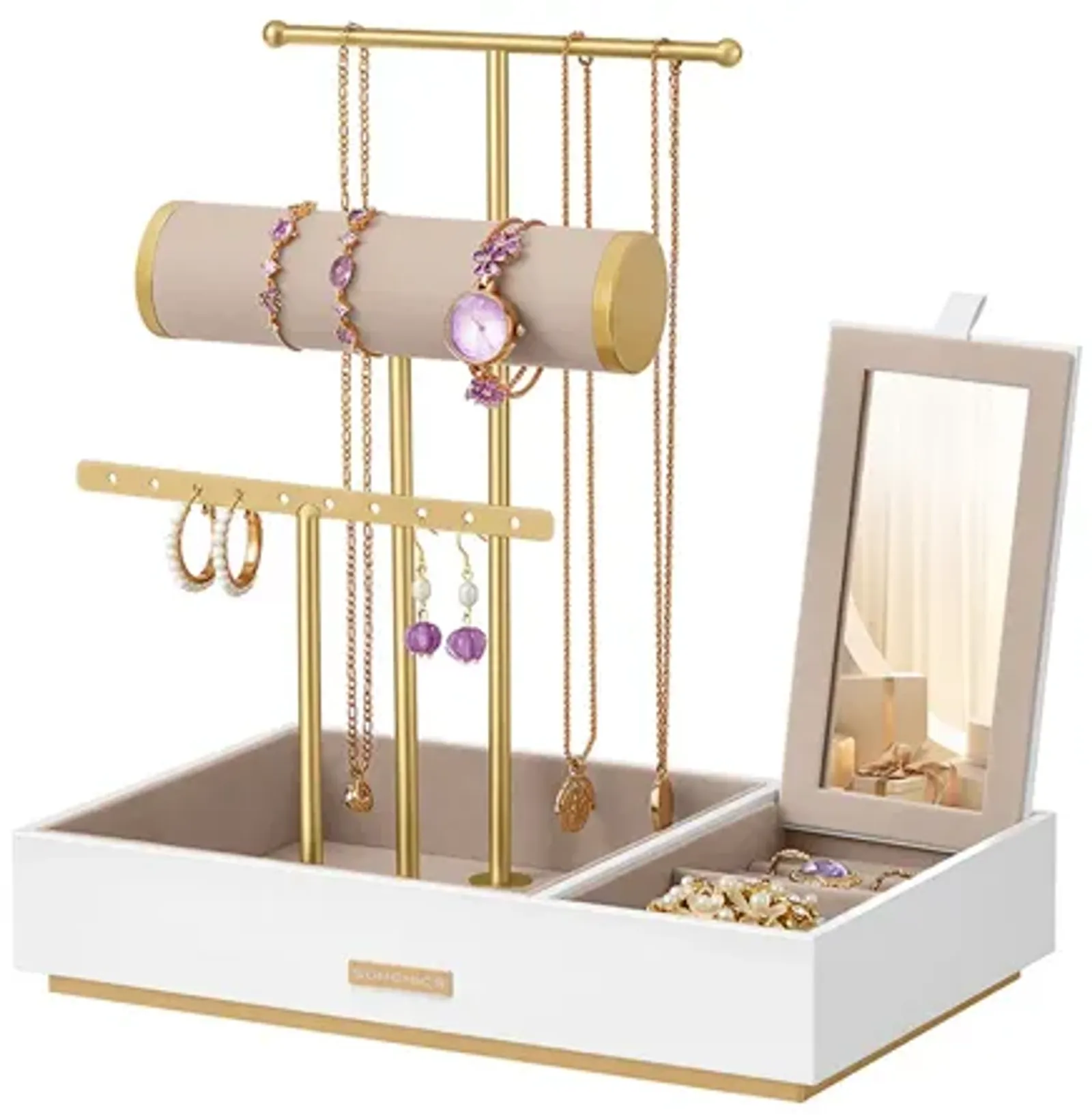 Jewelry Holder with Built-In Mirror for Necklace, Ring, and Earring Organization