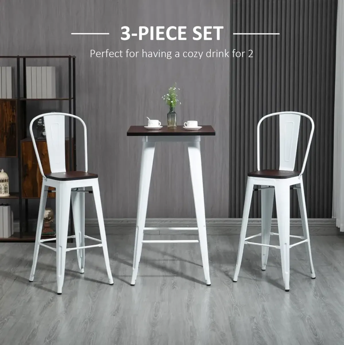 HOMCOM 3 Piece Industrial Dining Table Set, Bar Height Bar Table and Chairs Set with Footrests for Bistro, Pub, White and Brown