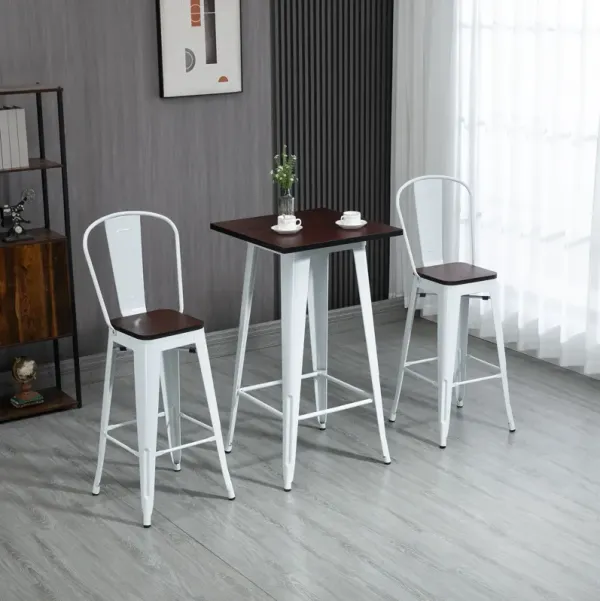 HOMCOM 3 Piece Industrial Dining Table Set, Bar Height Bar Table and Chairs Set with Footrests for Bistro, Pub, White and Brown