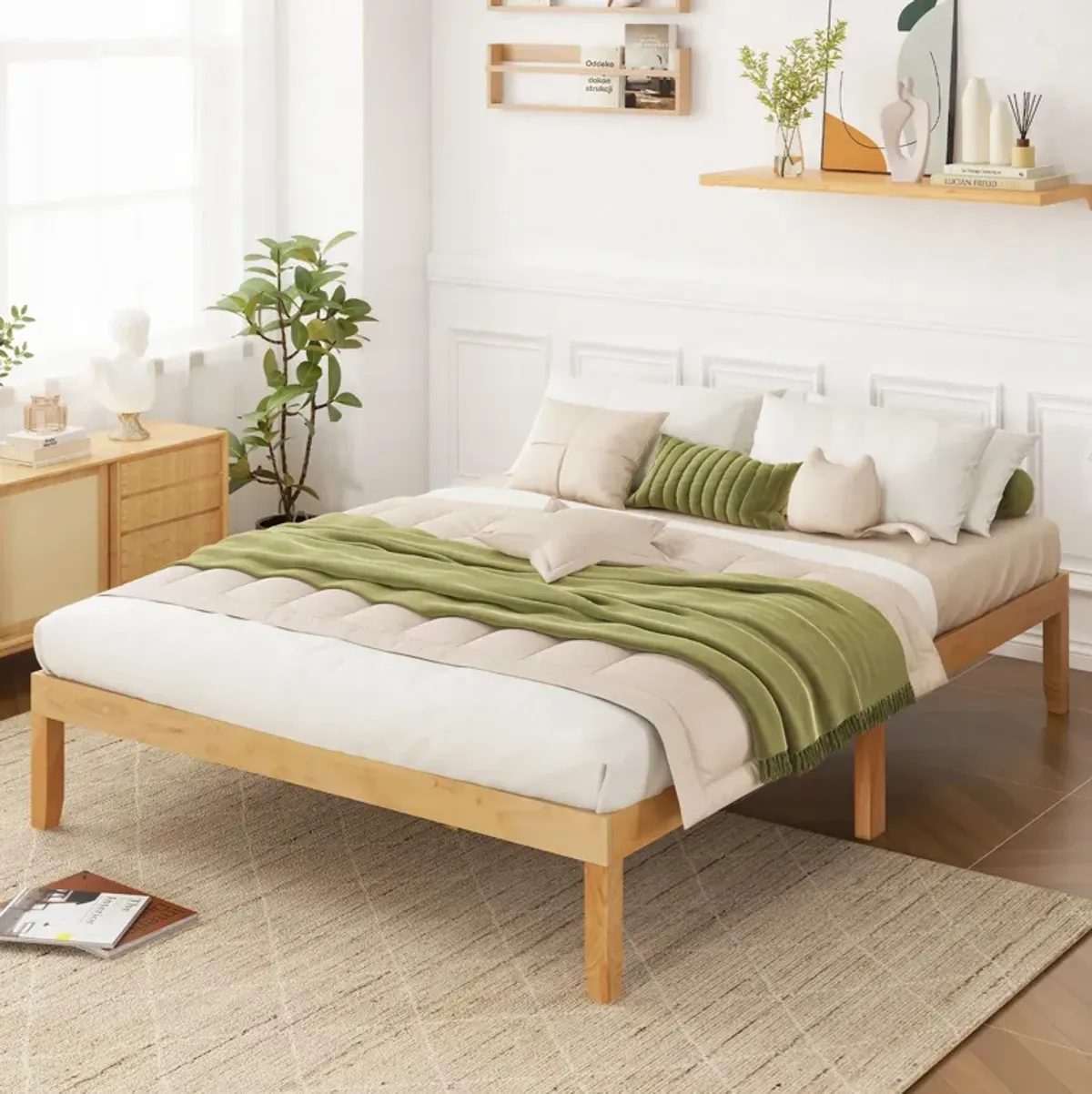 Wood Bed Frame with Wooden Slats Support and Rubber Wood Legs