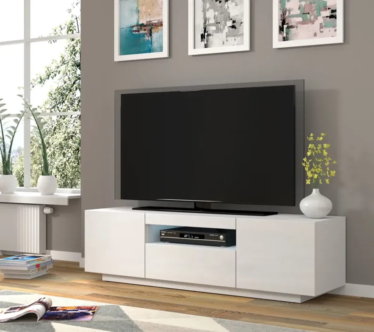 TV Stand Aura 79" Universal Cabinet Hanging or Standing Black High Gloss MDF