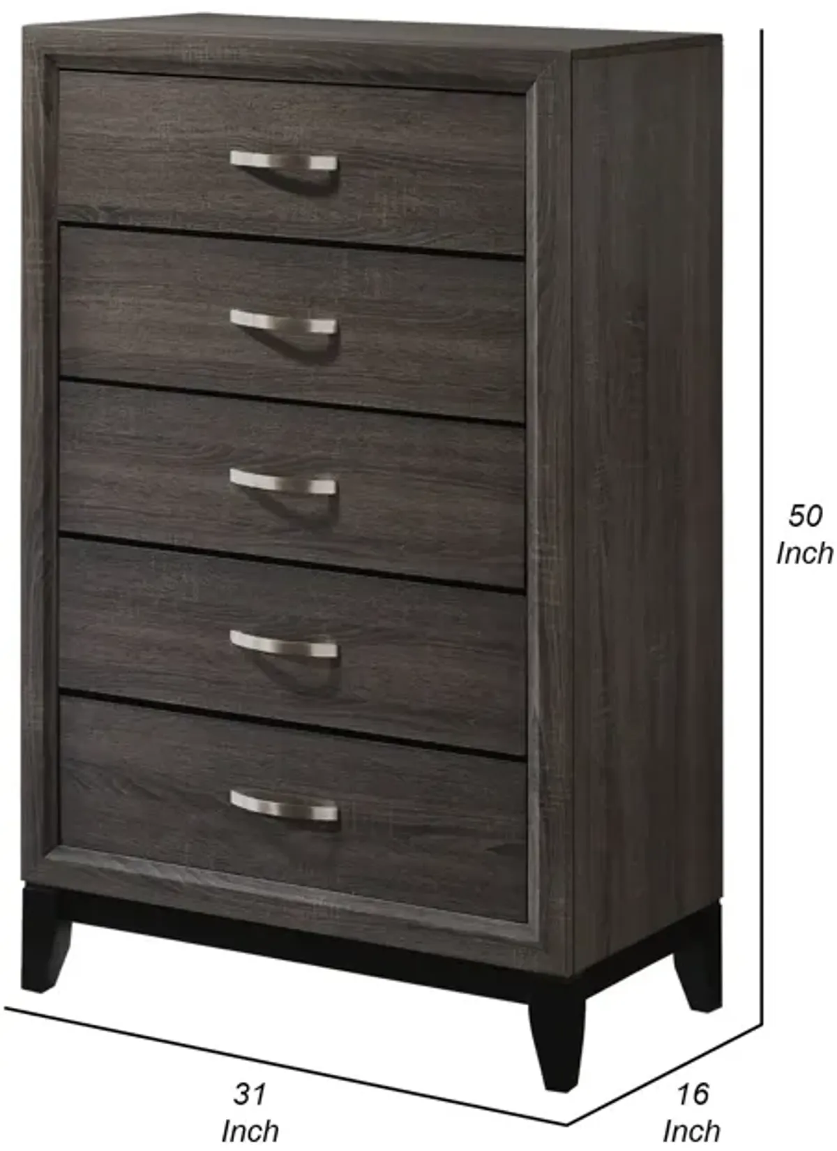 50 Inch Classic 5 Drawer Tall Dresser Chest with Metal Handles, Oak Gray-Benzara