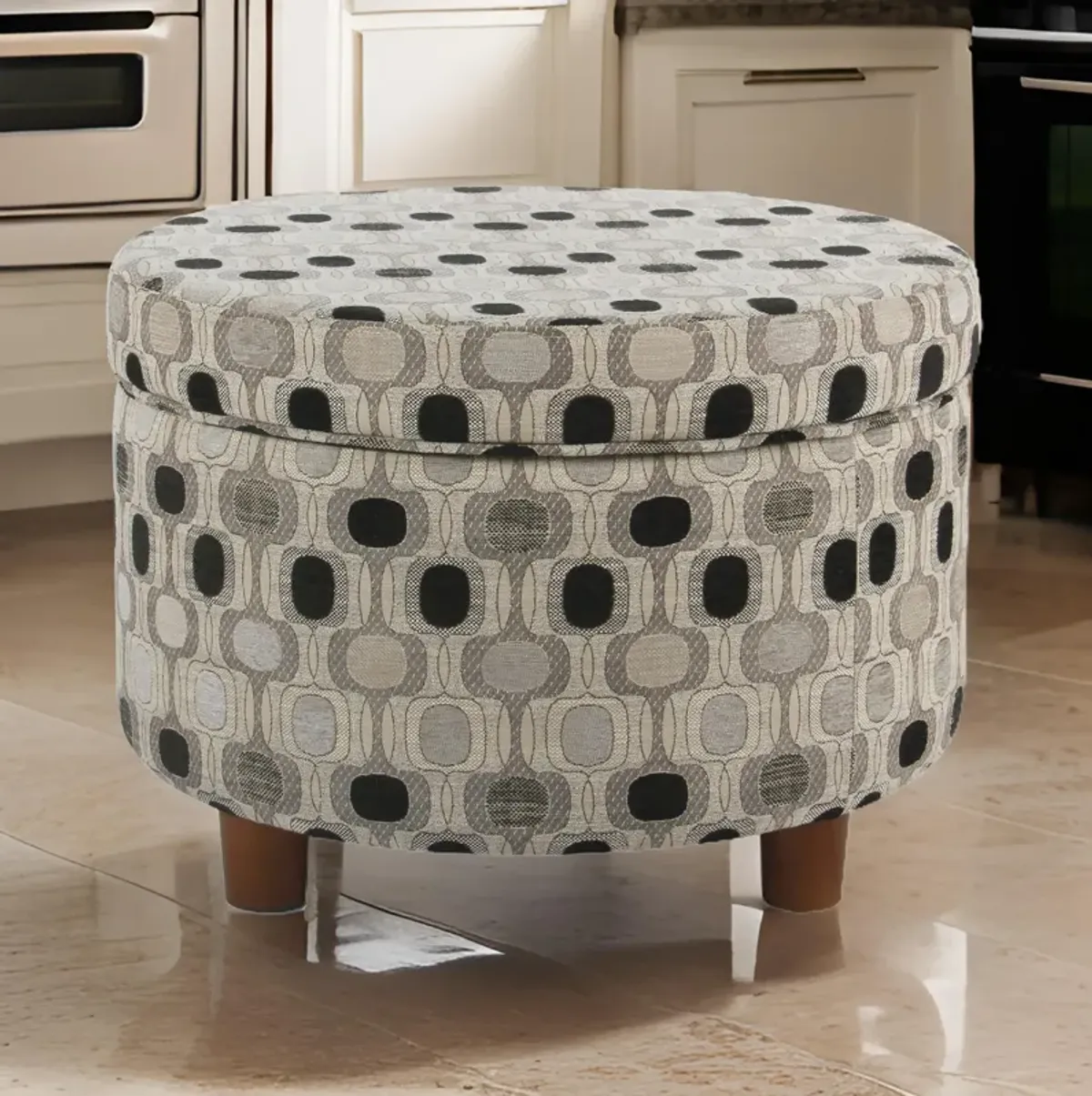 Wooden Ottoman with Geometric Patterned Fabric Upholstery and Hidden Storage, Multicolor - Benzara