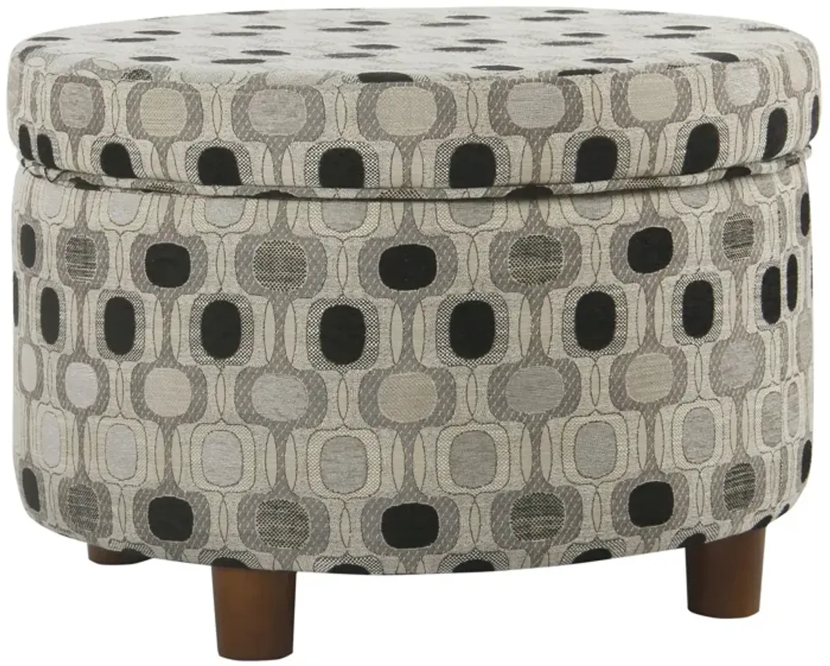 Wooden Ottoman with Geometric Patterned Fabric Upholstery and Hidden Storage, Multicolor - Benzara