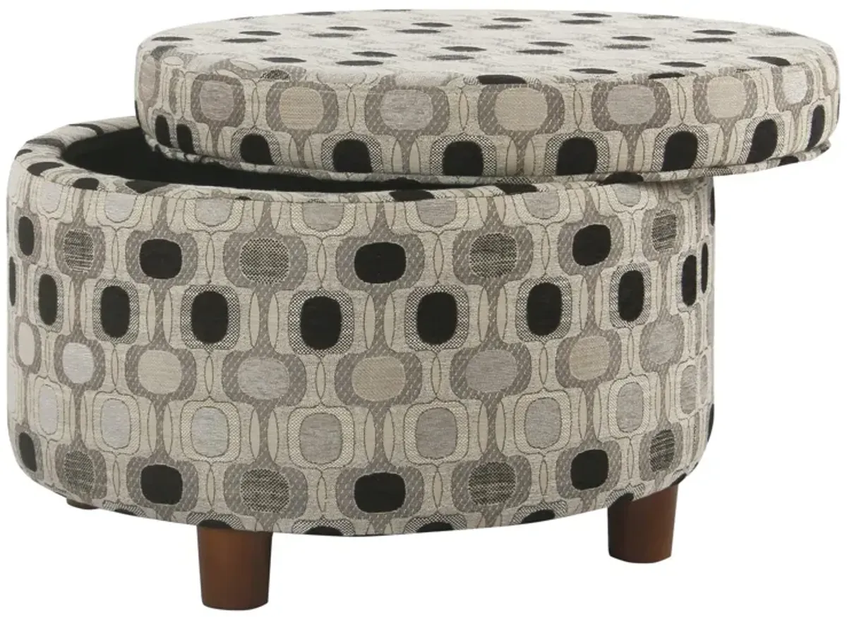 Wooden Ottoman with Geometric Patterned Fabric Upholstery and Hidden Storage, Multicolor - Benzara