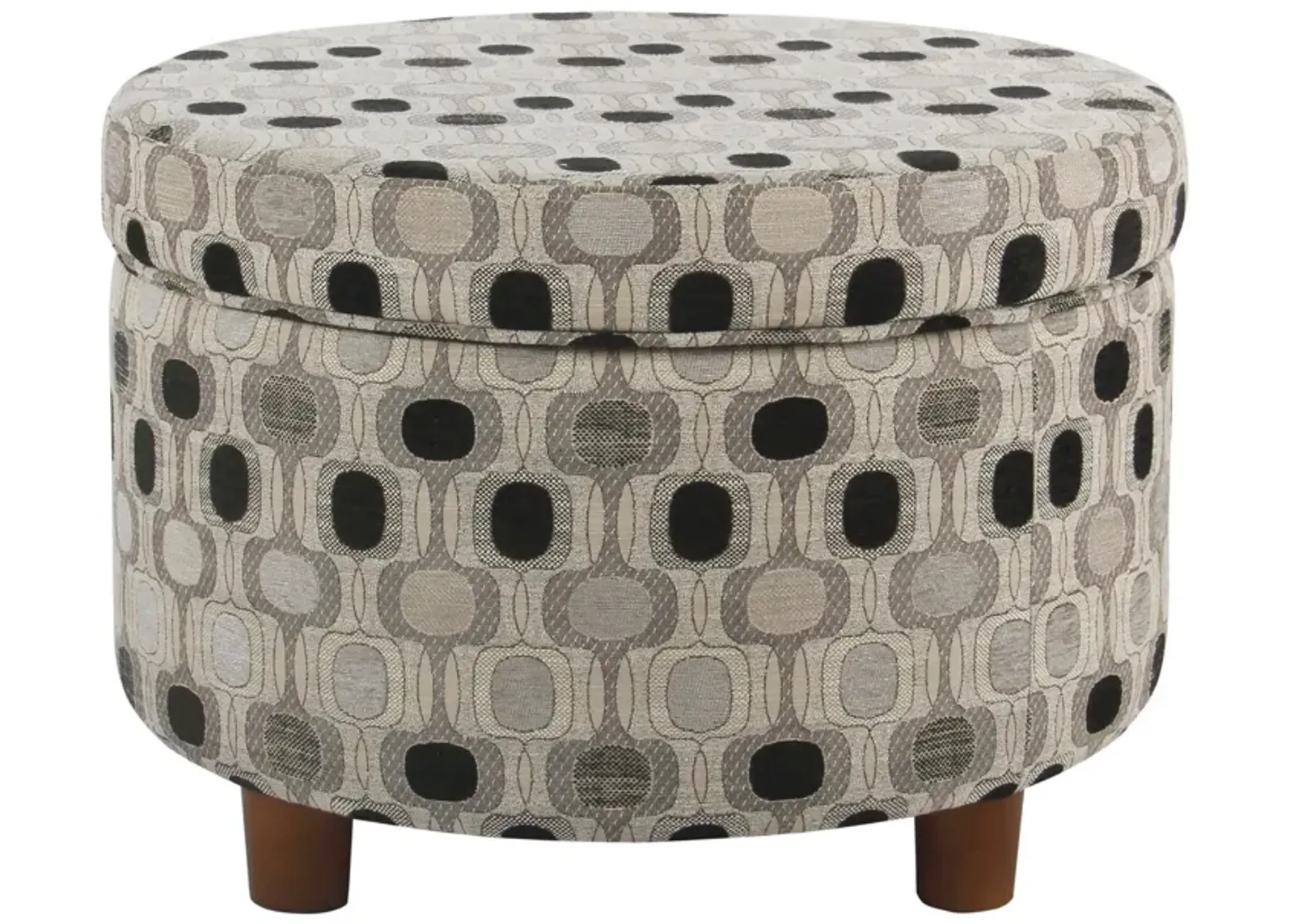 Wooden Ottoman with Geometric Patterned Fabric Upholstery and Hidden Storage, Multicolor - Benzara