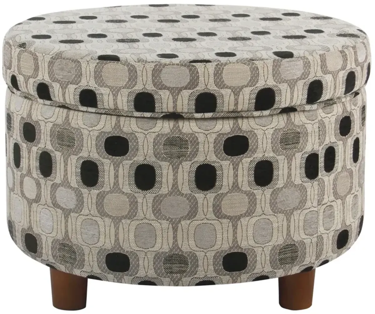 Wooden Ottoman with Geometric Patterned Fabric Upholstery and Hidden Storage, Multicolor - Benzara