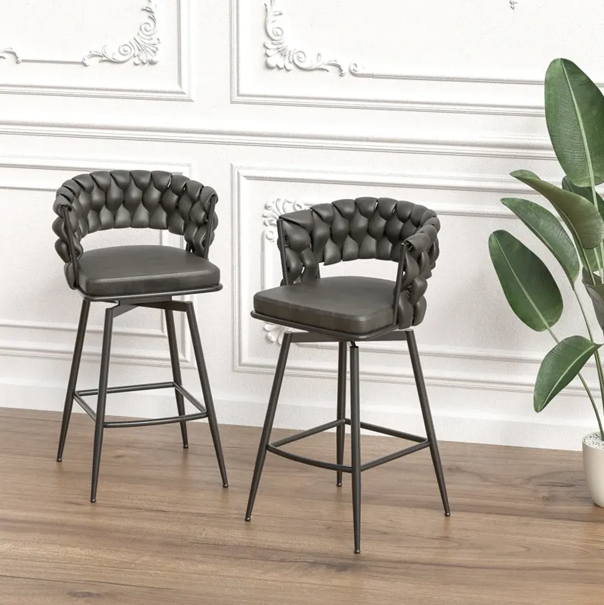 Luxurious Swivel Bar Stools Woven Backrest, Soft Leather, 360° Rotation