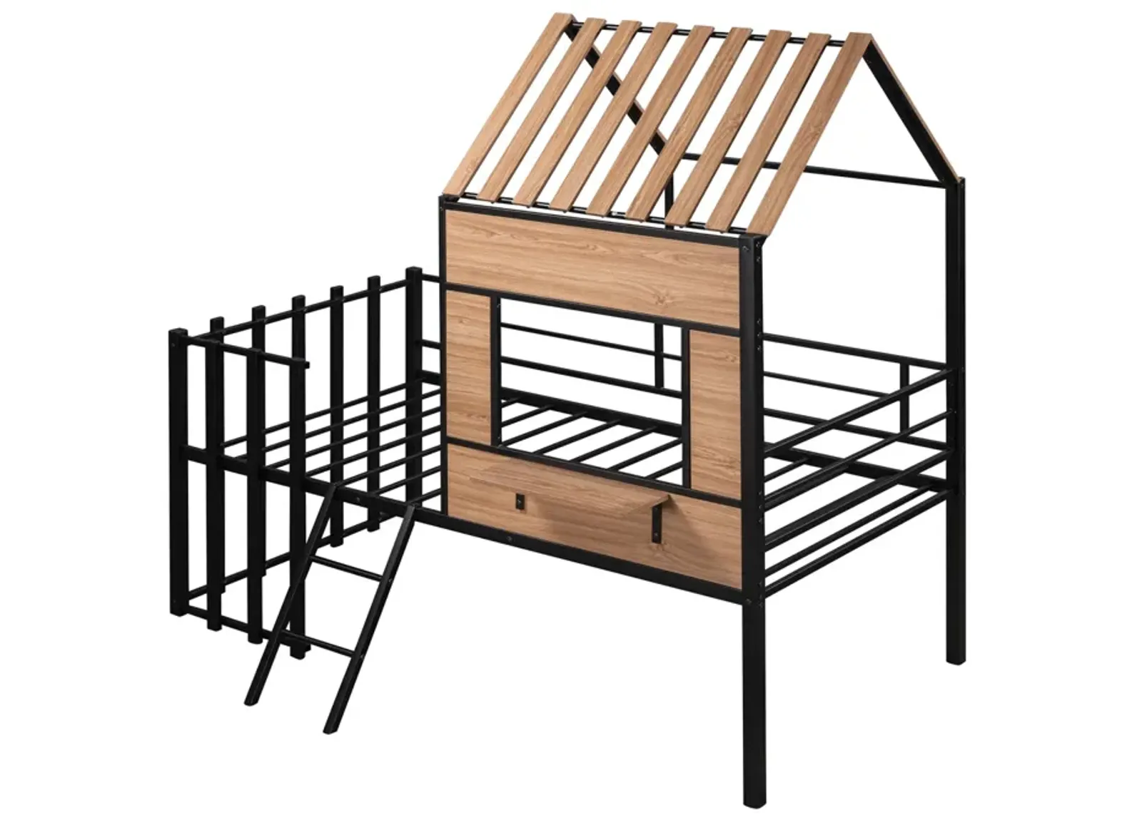 Metal Twin Size Loft Bed With Roof, Window, Guardrail, Ladder