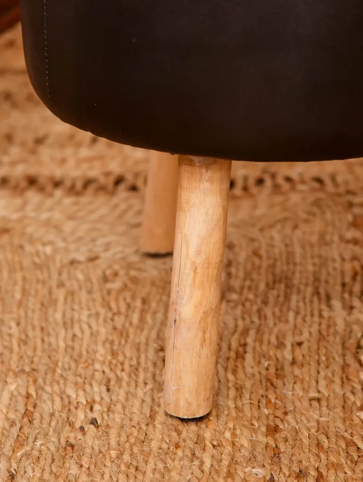 Handmade Eco-Friendly Geometric Buffalo Leather & Wood Black Round Ottomon Stool 14"x14"x14" From BBH Homes