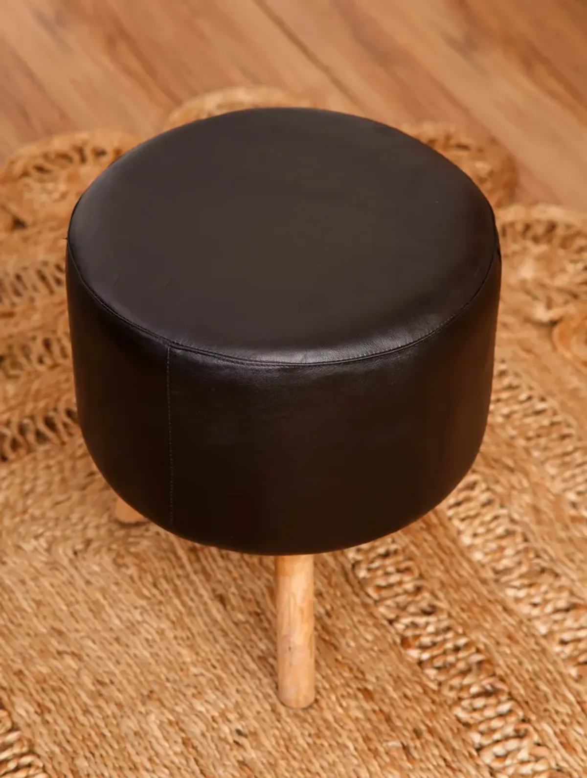 Handmade Eco-Friendly Geometric Buffalo Leather & Wood Black Round Ottomon Stool 14"x14"x14" From BBH Homes