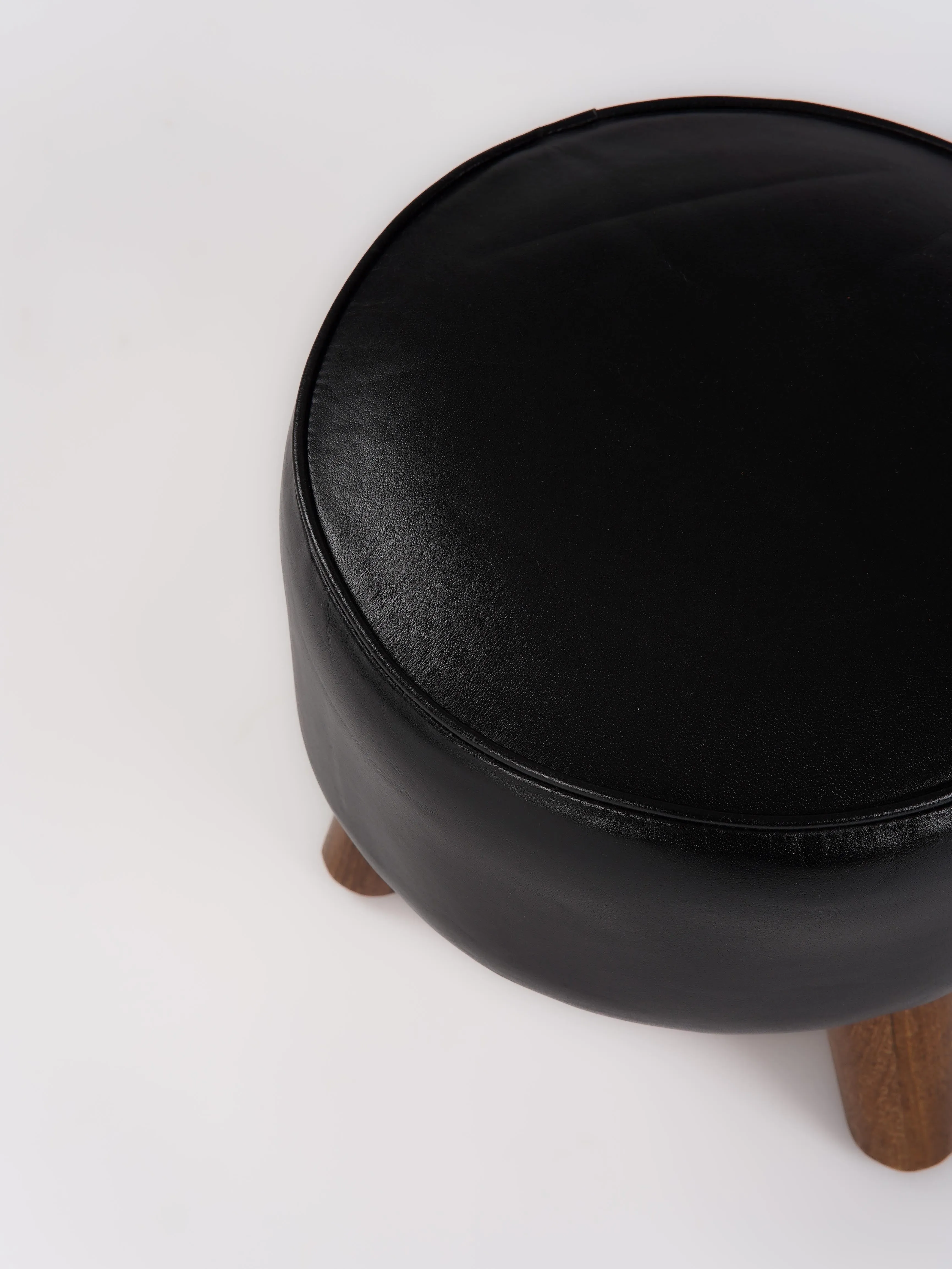 Handmade Eco-Friendly Geometric Buffalo Leather & Wood Black Round Ottomon Stool 14"x14"x14" From BBH Homes