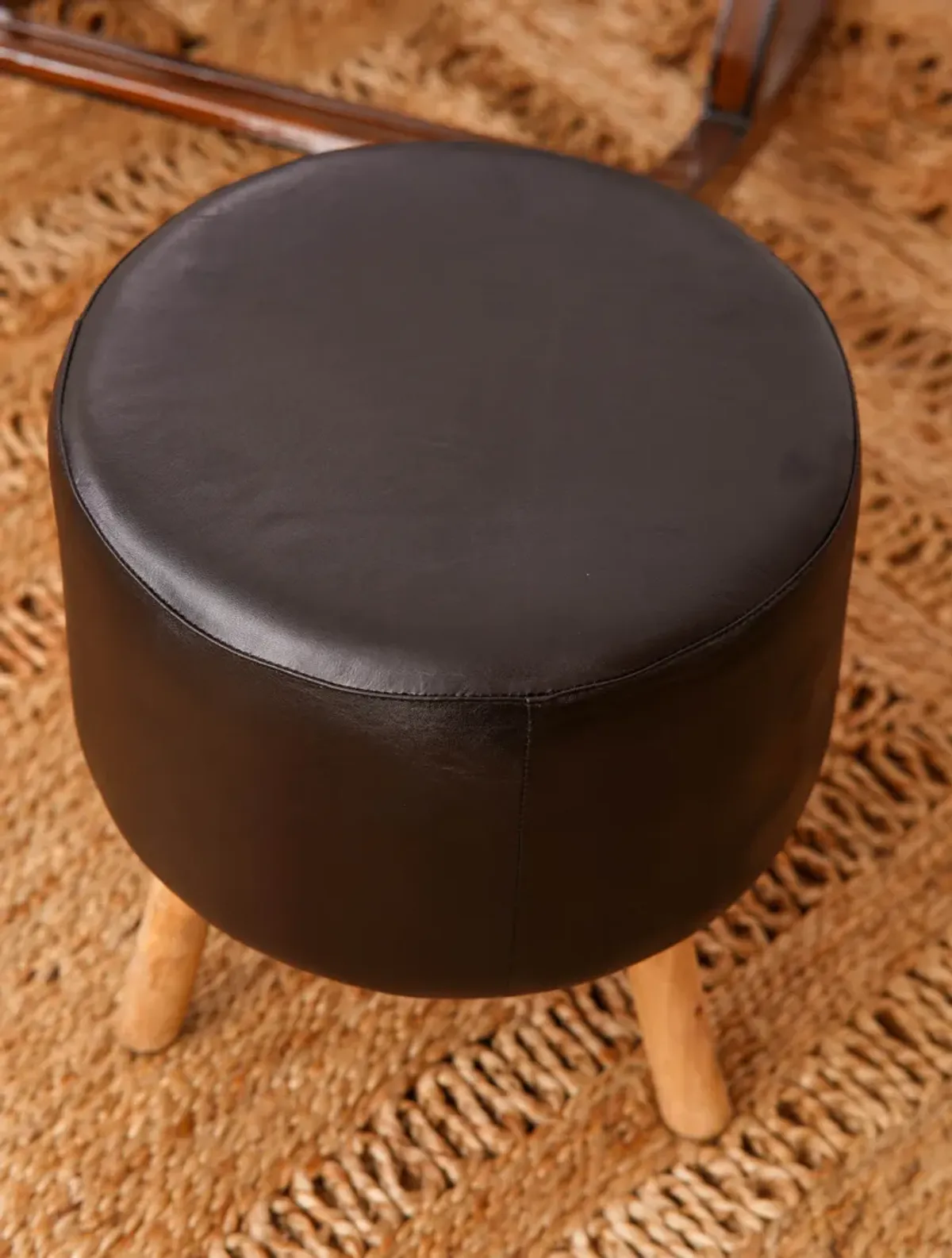 Handmade Eco-Friendly Geometric Buffalo Leather & Wood Black Round Ottomon Stool 14"x14"x14" From BBH Homes