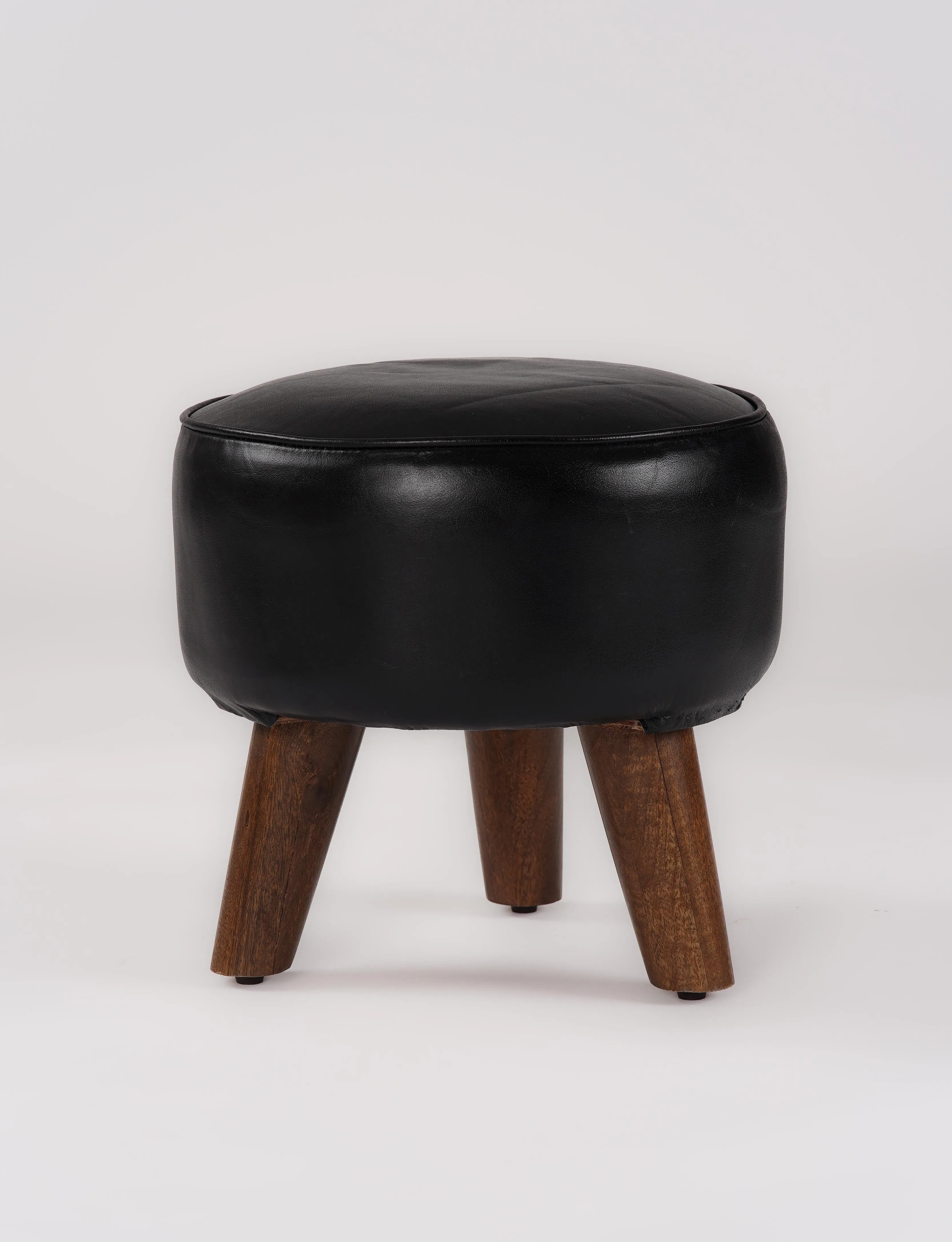 Handmade Eco-Friendly Geometric Buffalo Leather & Wood Black Round Ottomon Stool 14"x14"x14" From BBH Homes