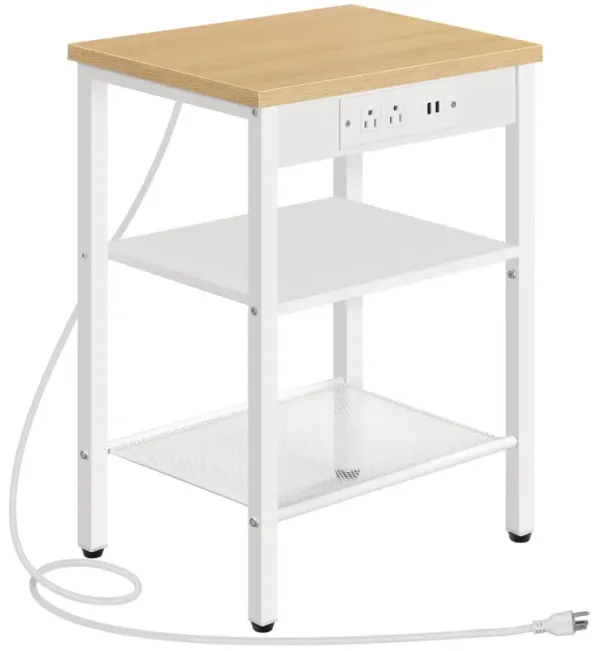 HOOBRO End Table with Charging Station and USB Ports, 3-Tier Nightstand with Adjustable Shelves, Small Side Table for Small Spac