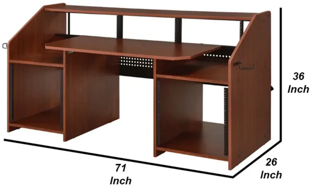 71 Inch Wood Music Desk Studio Workstation, 3 Shelves, Cherry Brown-Benzara