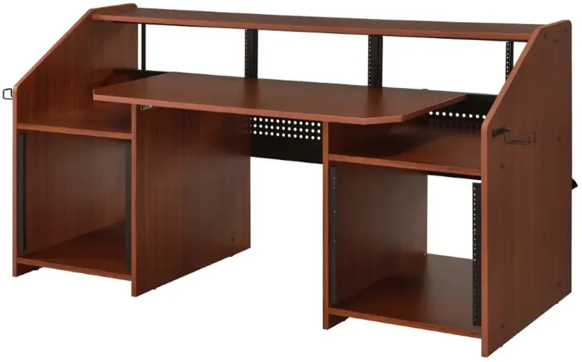 71 Inch Wood Music Desk Studio Workstation, 3 Shelves, Cherry Brown-Benzara