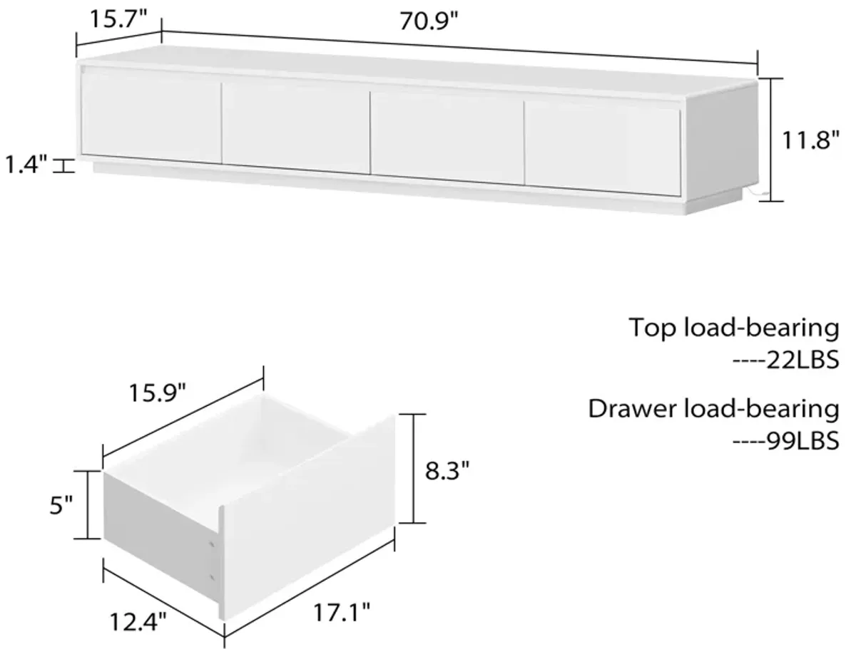 FUFU&GAGA Modern Floating TV Stand with Adjustable LED Lighting and Spacious Storage Drawers, (70.9" W x 15.7" D x 11.8" H),White