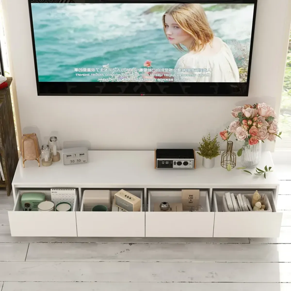 FUFU&GAGA Modern Floating TV Stand with Adjustable LED Lighting and Spacious Storage Drawers, (70.9" W x 15.7" D x 11.8" H),White