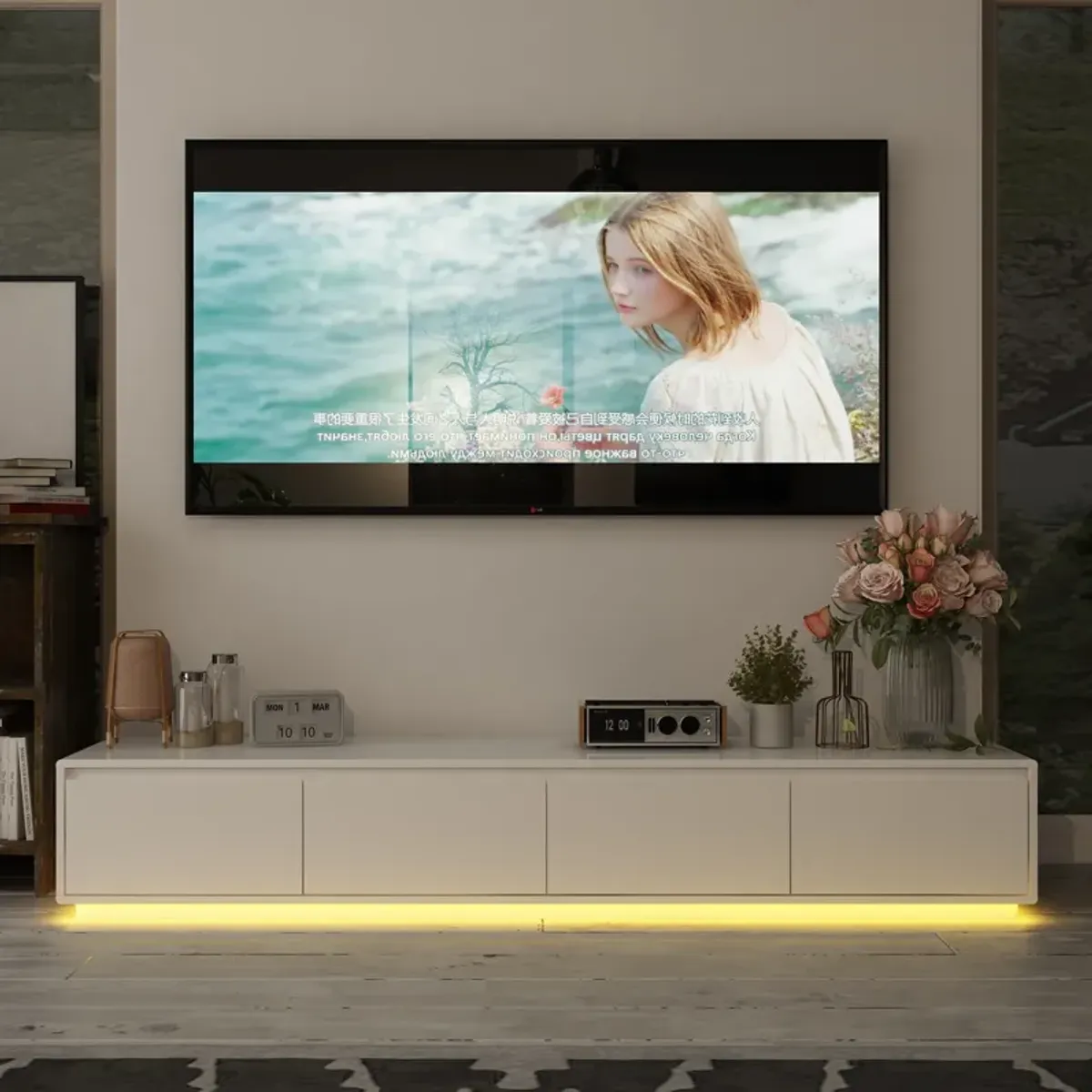 FUFU&GAGA Modern Floating TV Stand with Adjustable LED Lighting and Spacious Storage Drawers, (70.9" W x 15.7" D x 11.8" H),White