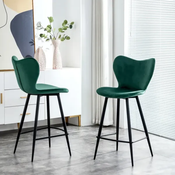 Dark Green Velvet Chair Barstool Dining Counter Height Chair Set of 2