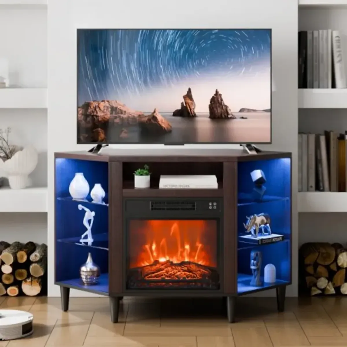 TV Stand with LED Fireplace – Rustic Corner Media Console for 42" TVs, Storage Drawers, Cabinets & Remote Control