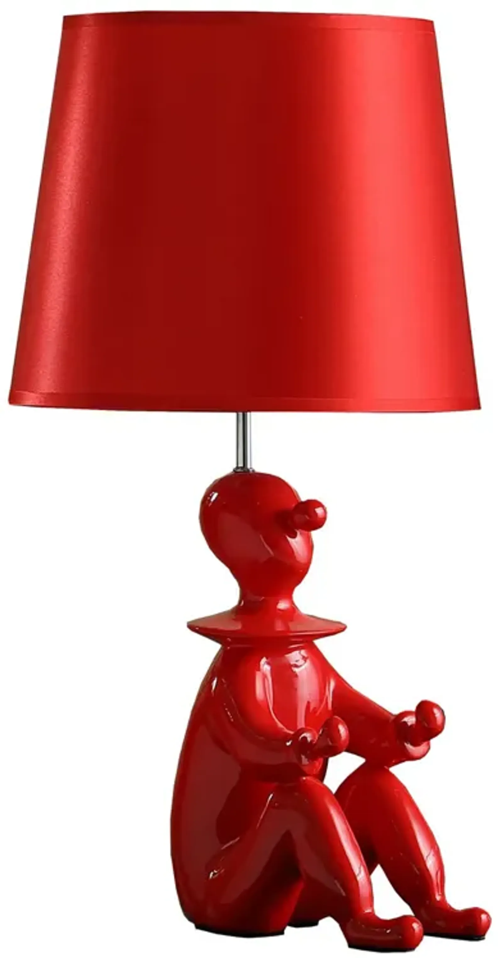 Fabric Shade Table Lamp with Polyresin Sitting Clown Base, Red - Benzara