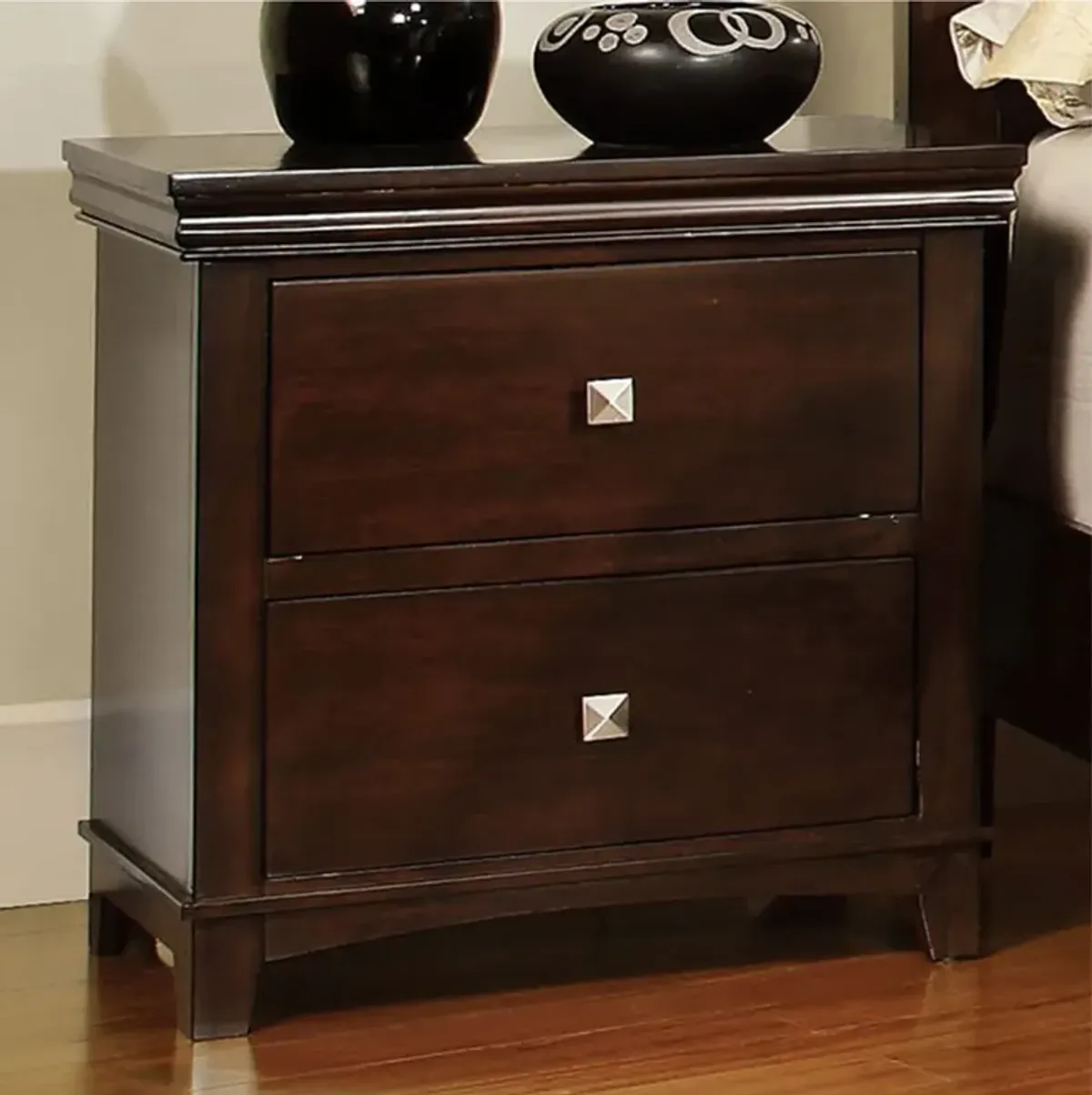 2 Drawer Wooden Nightstand with Metal Square Knobs, Espresso Brown