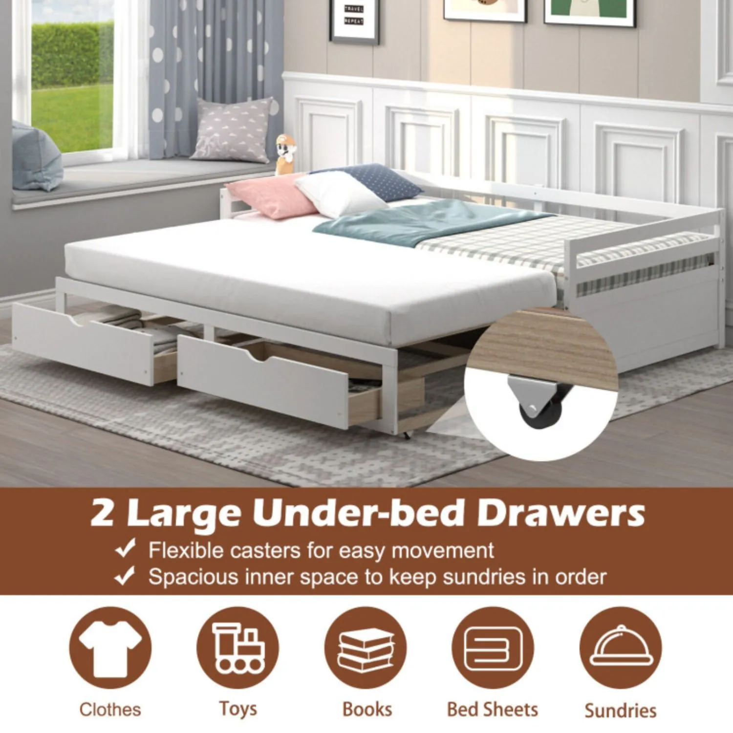 Extendable Twin to King Daybed with Trundle and 2 Storage Drawers