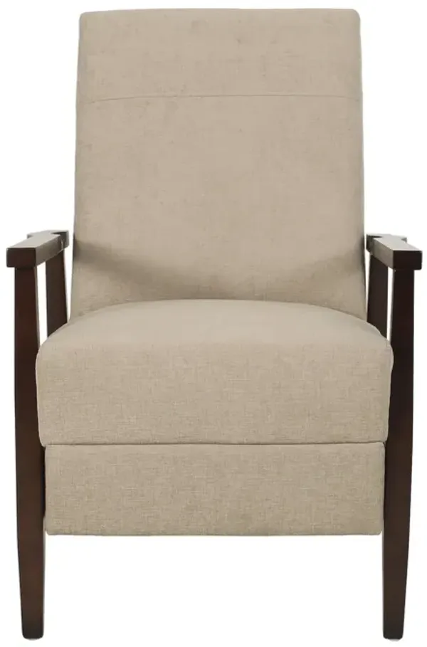Yahya Manual Recliner Chair, Ergonomic Brown Rubberwood, Sand Beige Fabric - Benzara