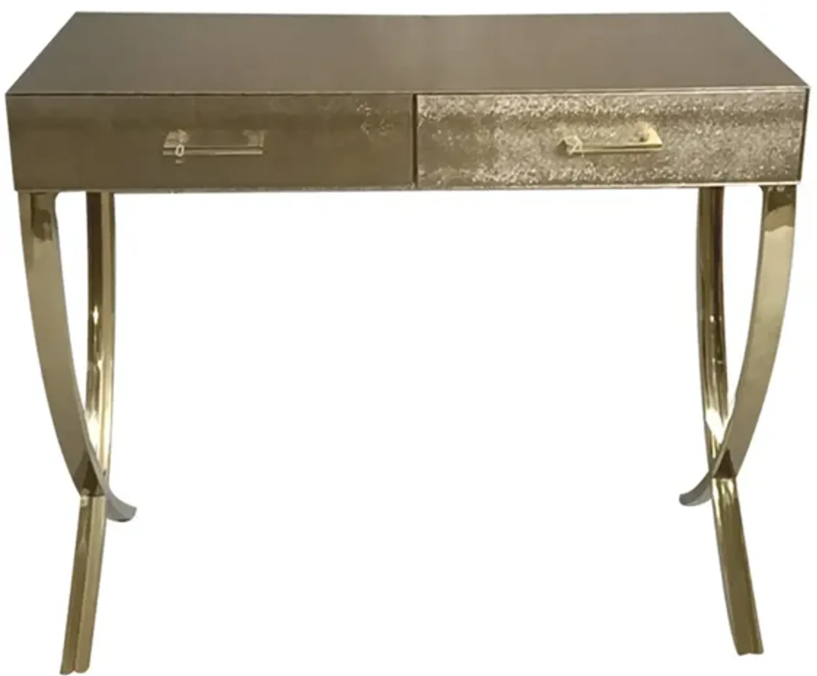 39 Inch Sofa Console Table, 2 Drawers, Vegan Faux Leather, Champagne Gold-Benzara