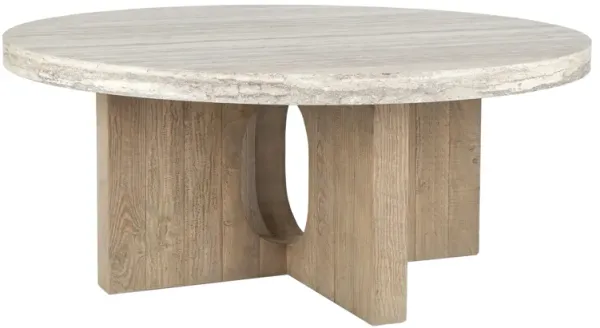 Tab 42 Inch Coffee Table, White Round Top, Tripod Base, Concrete, Pine Wood - Benzara