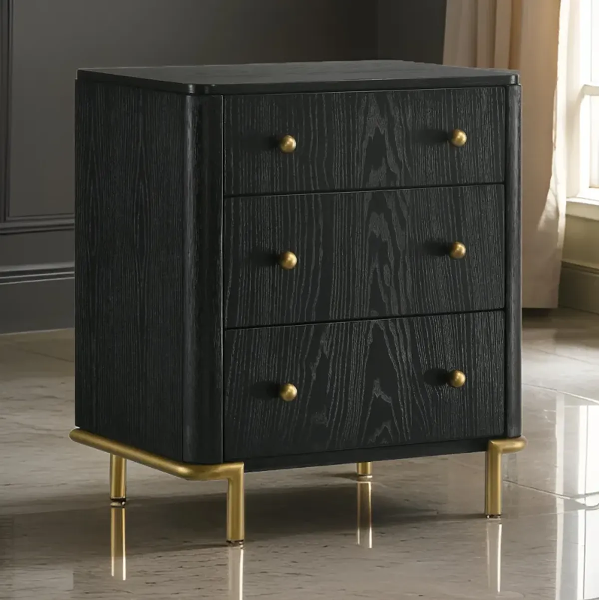 Fij Nightstand, 3 Drawers, USB Port, Golden Metal Legs, Knobs, Black Wood - Benzara