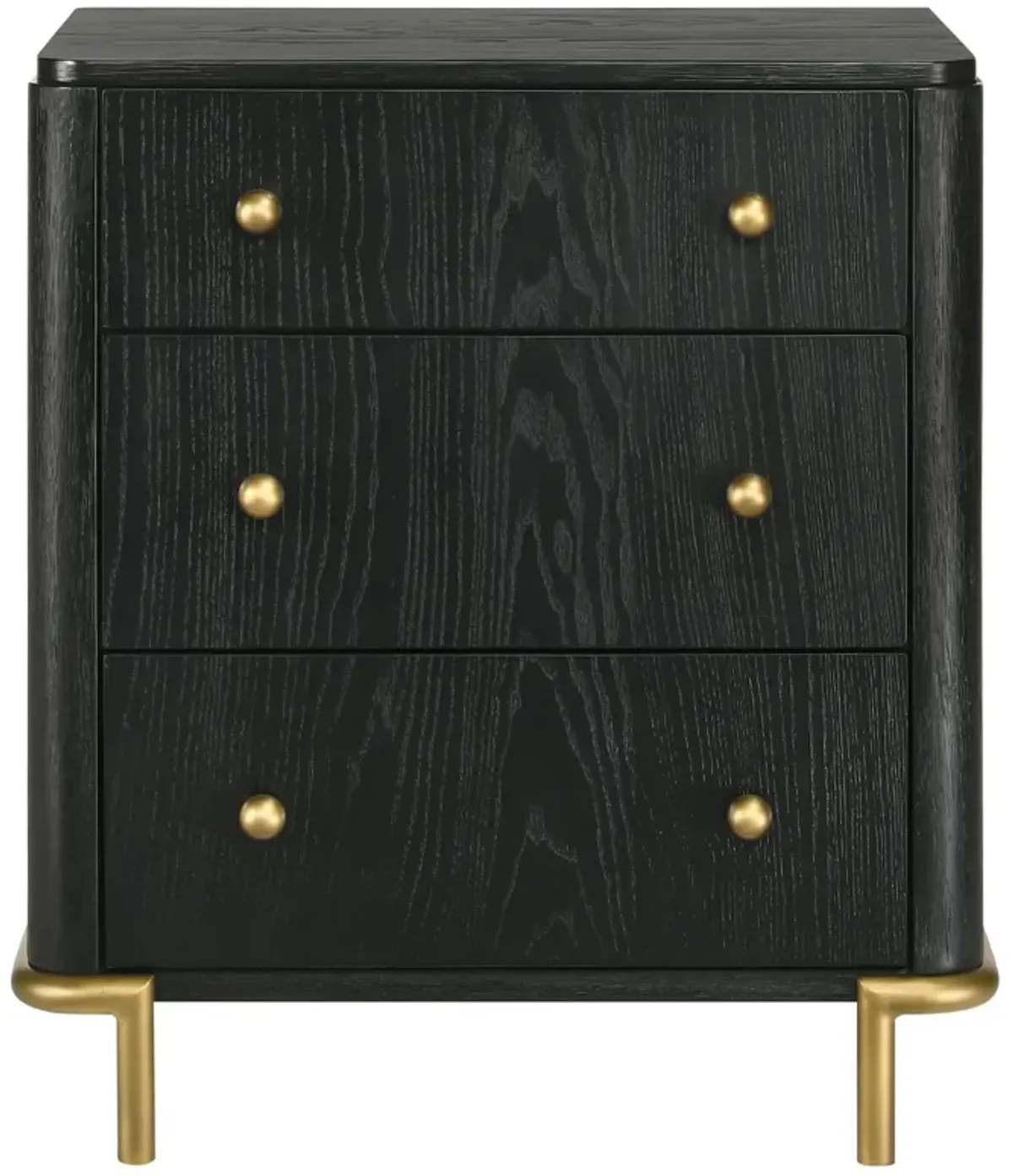 Fij Nightstand, 3 Drawers, USB Port, Golden Metal Legs, Knobs, Black Wood - Benzara