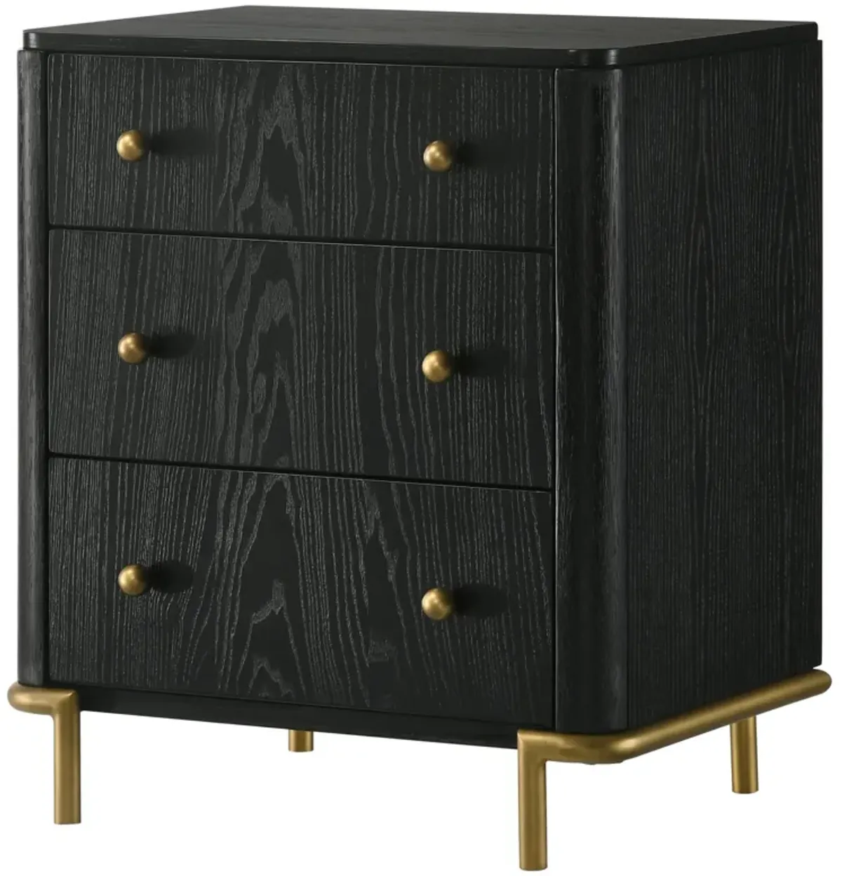 Fij Nightstand, 3 Drawers, USB Port, Golden Metal Legs, Knobs, Black Wood - Benzara