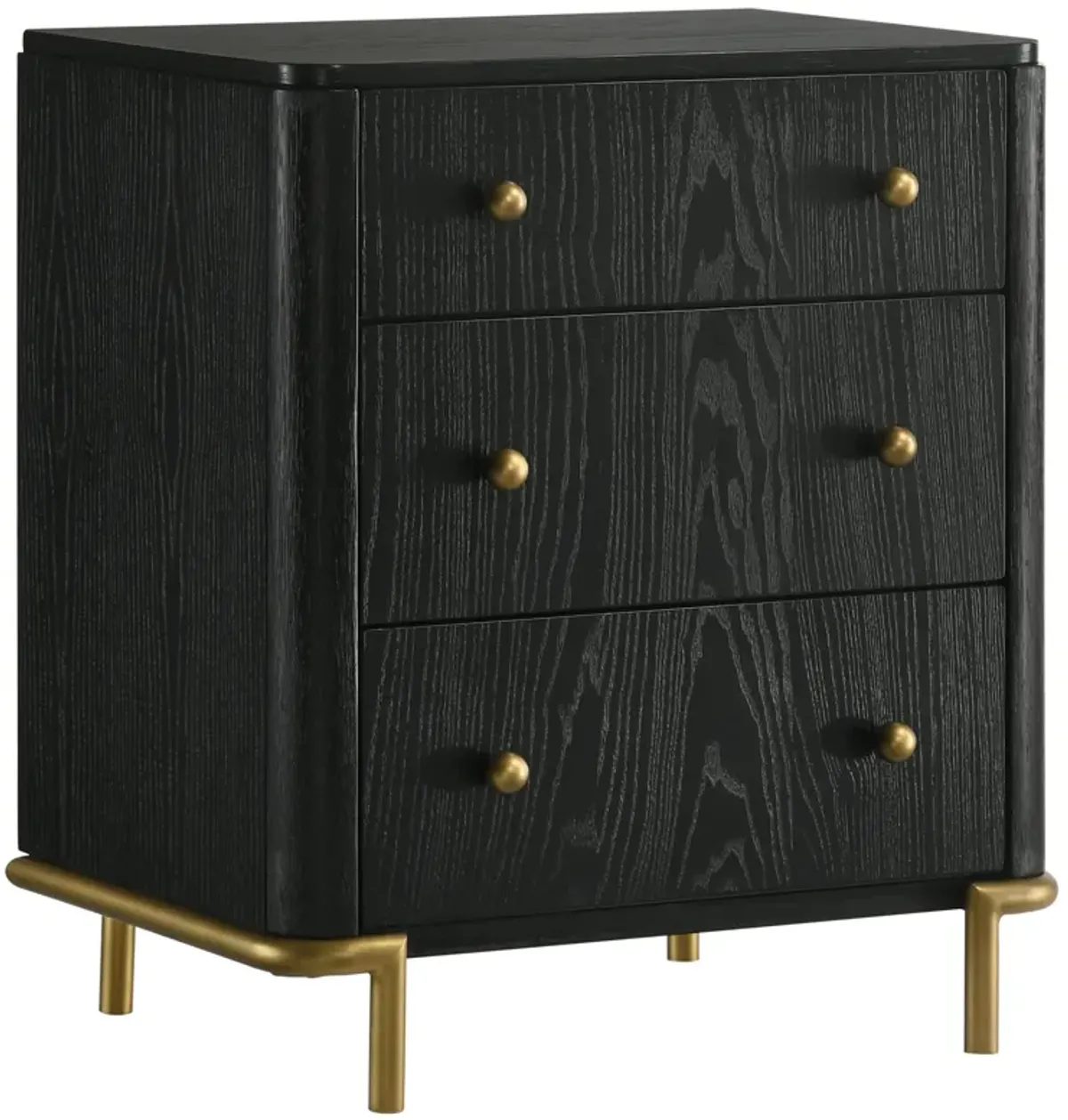 Fij Nightstand, 3 Drawers, USB Port, Golden Metal Legs, Knobs, Black Wood - Benzara