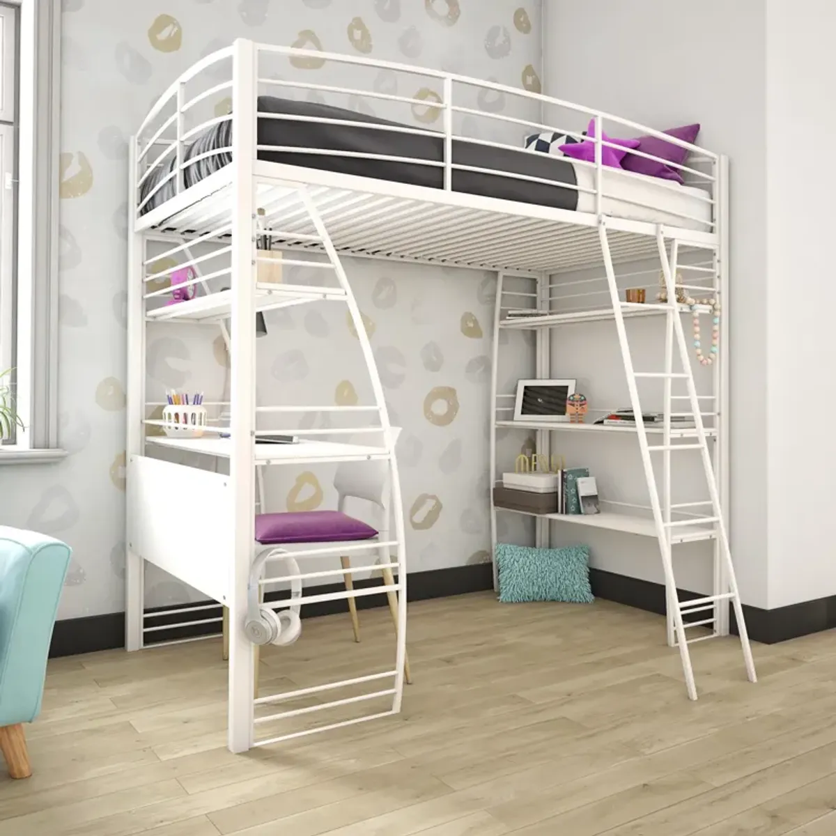 Atwater Living Lynn Modern Twin Loft Bed with Display Shelves and Desk