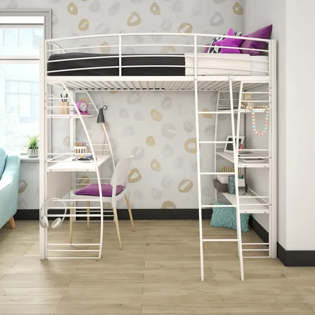 Atwater Living Lynn Modern Twin Loft Bed with Display Shelves and Desk