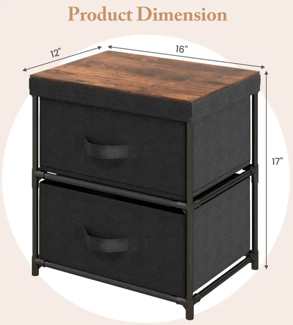 2-Drawer Nightstand with Removable Fabric Bins and Pull Handles-Black