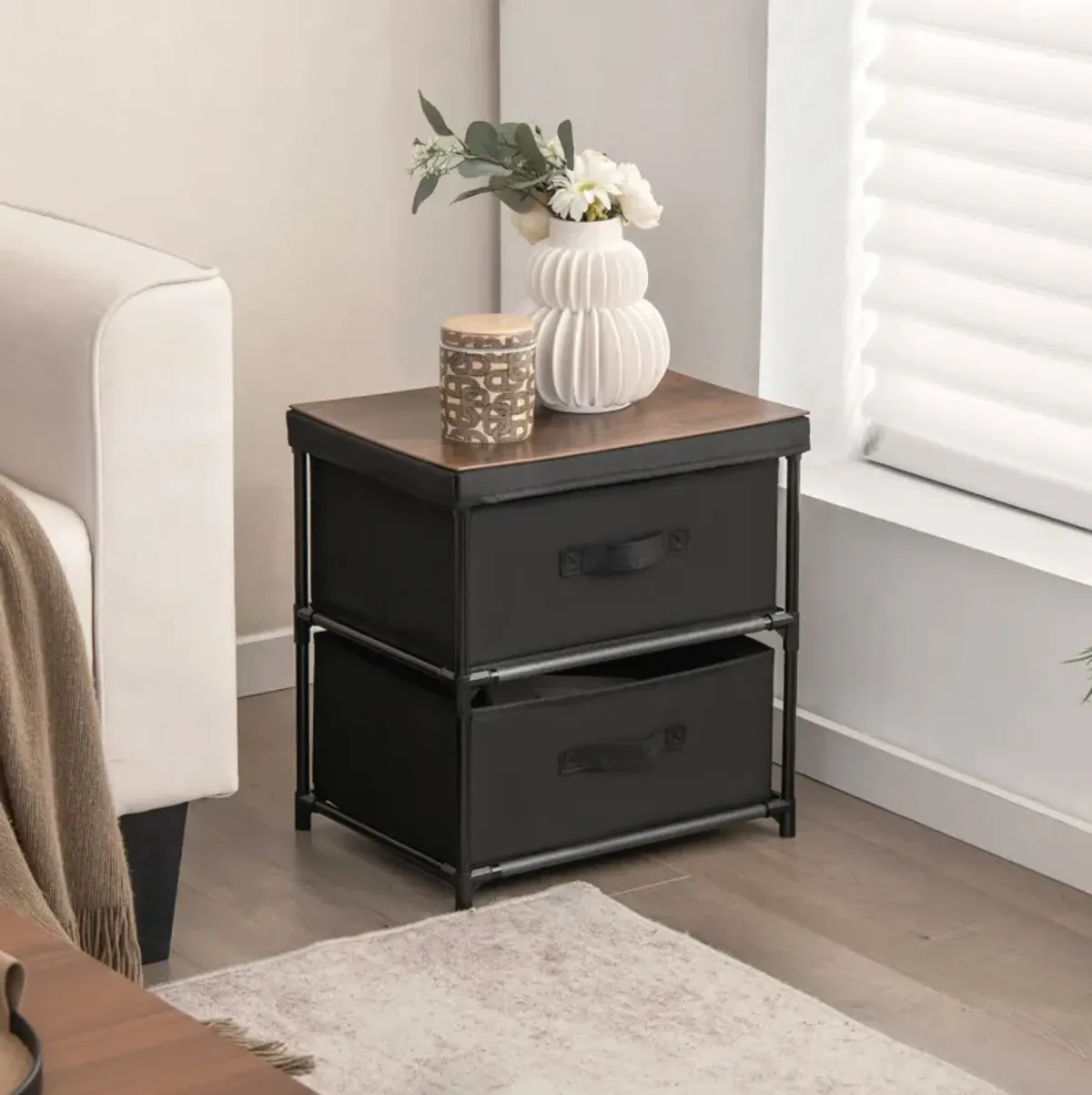 2-Drawer Nightstand with Removable Fabric Bins and Pull Handles-Black