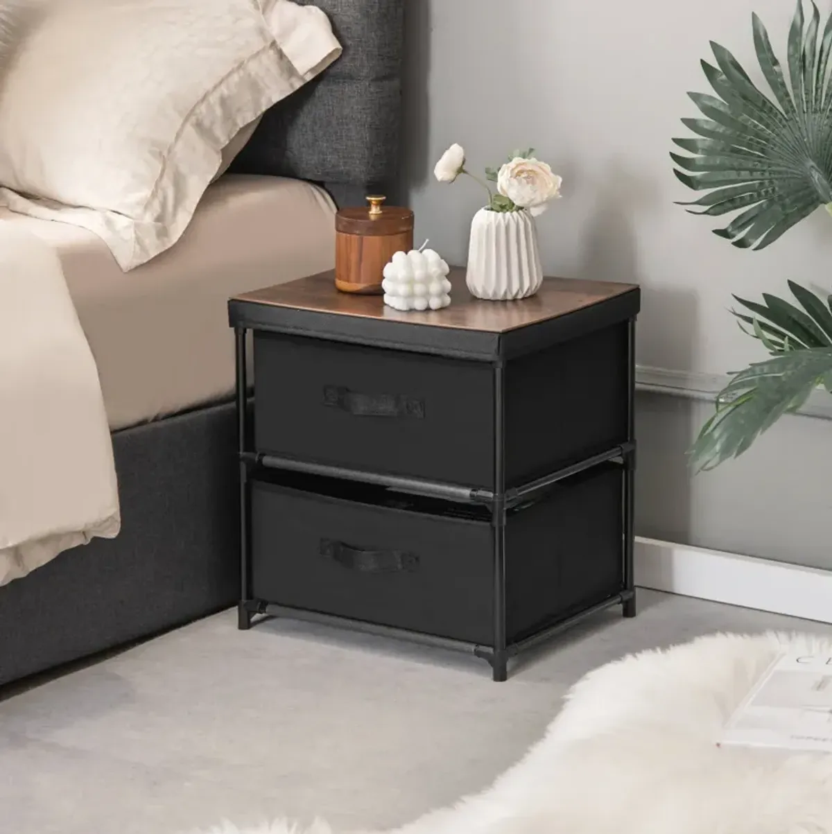 2-Drawer Nightstand with Removable Fabric Bins and Pull Handles-Black