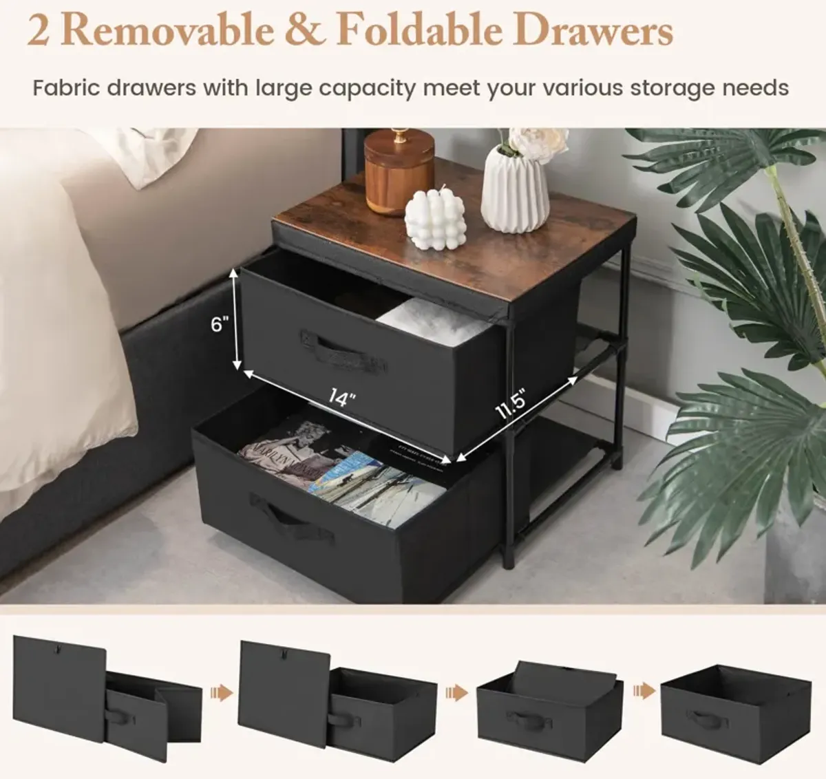 2-Drawer Nightstand with Removable Fabric Bins and Pull Handles-Black