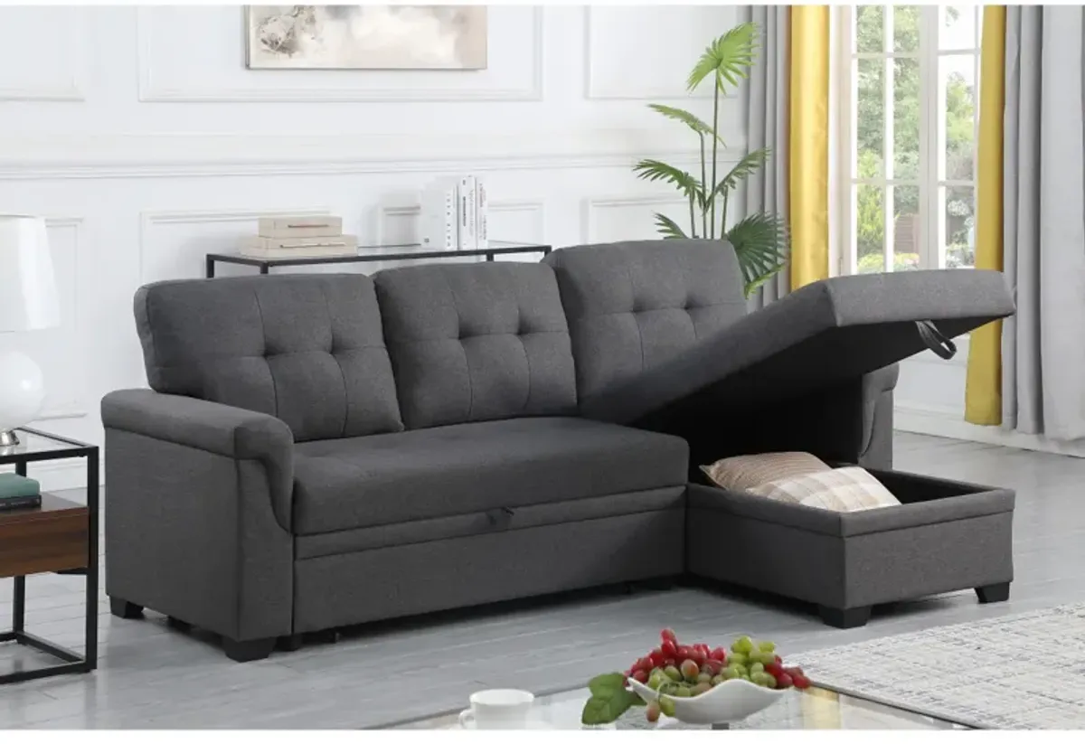 Lucca Dark Gray Linen Reversible Sleeper Sectional Sofa With Storage Chaise