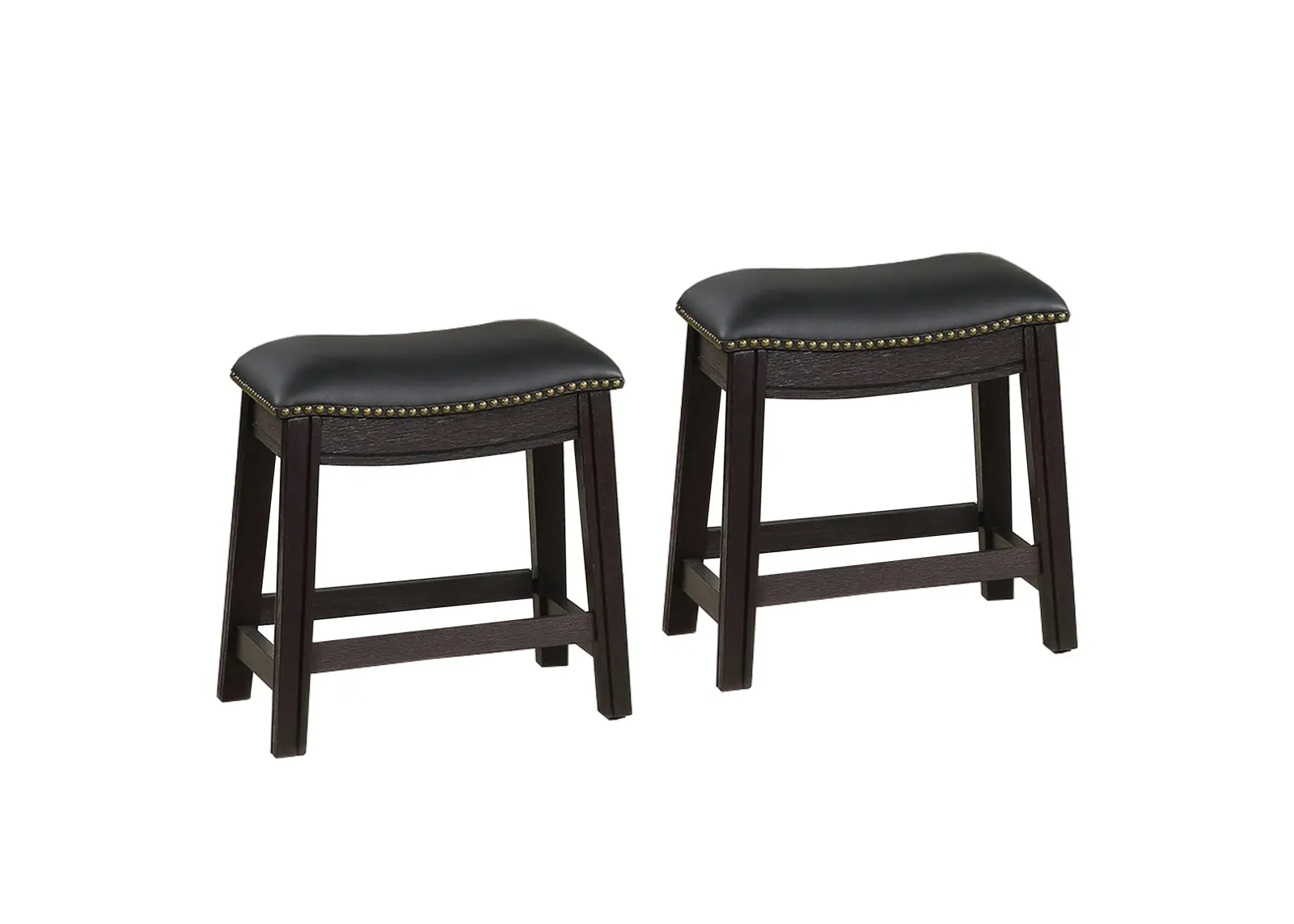 Curved Leatherette Stool with Nailhead Trim, Set of 2, Black-Benzara