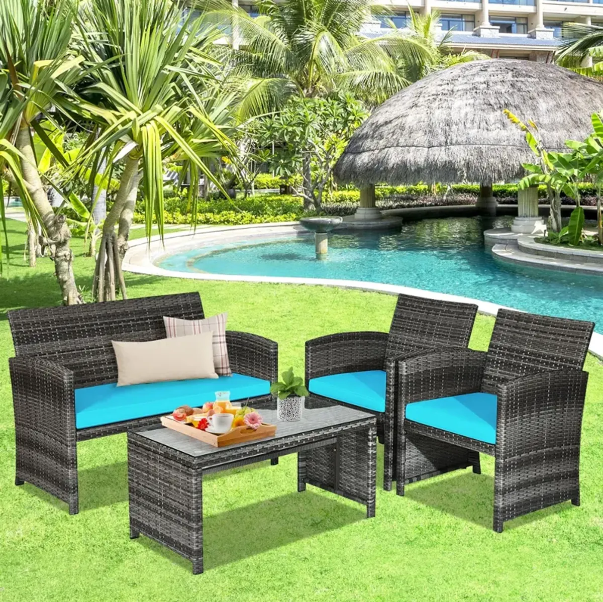 4 Pcs Patio Rattan Furniture Set Top Sofa With Glass Table