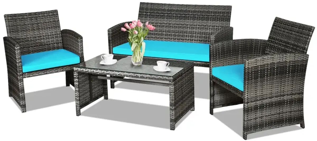 4 Pcs Patio Rattan Furniture Set Top Sofa With Glass Table