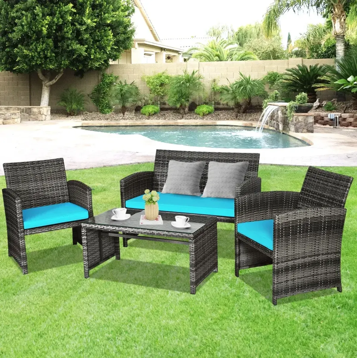 4 Pcs Patio Rattan Furniture Set Top Sofa With Glass Table